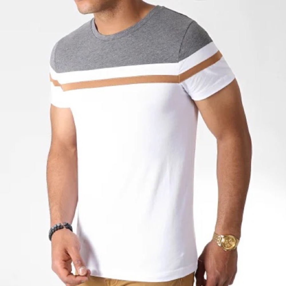LBO mens Tee shirt Slim Fit tricolor. White, gray and brown. Size small. NWT.
